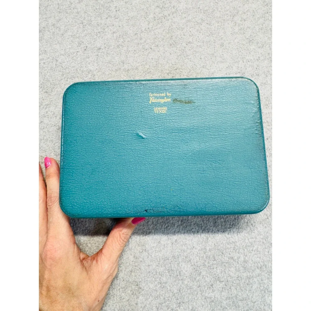Vintage Farrington Jewelry Box Teal Blue Pink Satin Mid Century Vanity Case